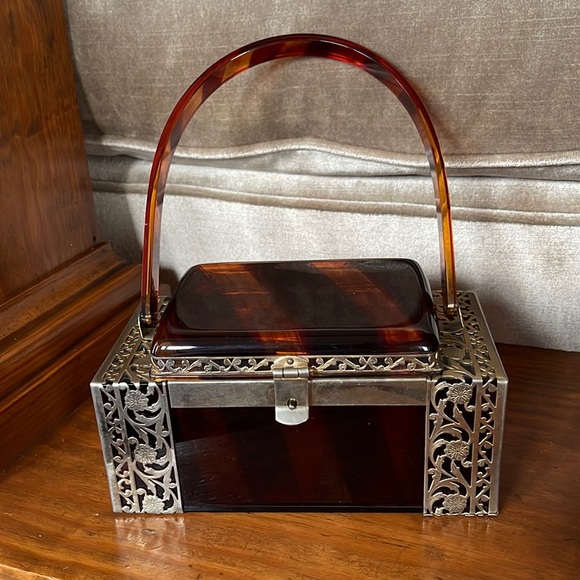 1950s Tyrolean Tortoise Striped Lucite Decorative Metal Encased Box Style Purse - Picture 2 of 13